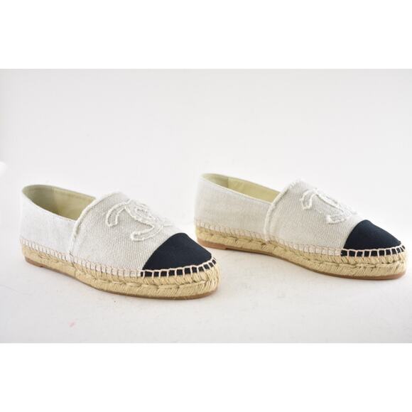 Chanel REV Beige Black Linen Canvas CC Logo Double Sole Espadrille Flat 37 RARE - Picture 4 of 12